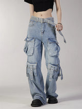 fashion loose streetwear cargo denim jeans unisex casual multi pocket straight jean pants with belt hip hop joggers baggy jeans unique joggers style 3705