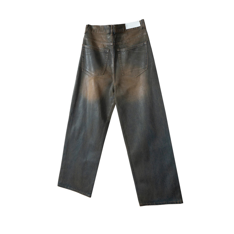 Oil Wax Coating Distressed Silhouette Jeans for Men and Women Washed Streetwear Baggy Denim Trousers Oversized Ropa Hombre Cargo