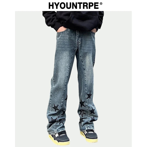 mens high street stars embroidery denim jean pants casual loose straight jeans hip hop y2k unisex pants streetwear joggers relaxed fit joggers