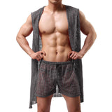 Men Robes Brand Male Sexy Bathrobe Sleepwear Sleeveless Bath Robe Sleep Lounge Badjas Cutout Cardigan Loungewear Mesh Menswear