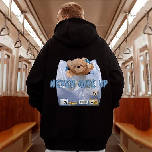 New Never Give Up Bear Printed Hoodies For Men Hip Hop Streetwear Pocket Pullover Sweatshirts Autumn Y2K Vintage Fleece Hoodie