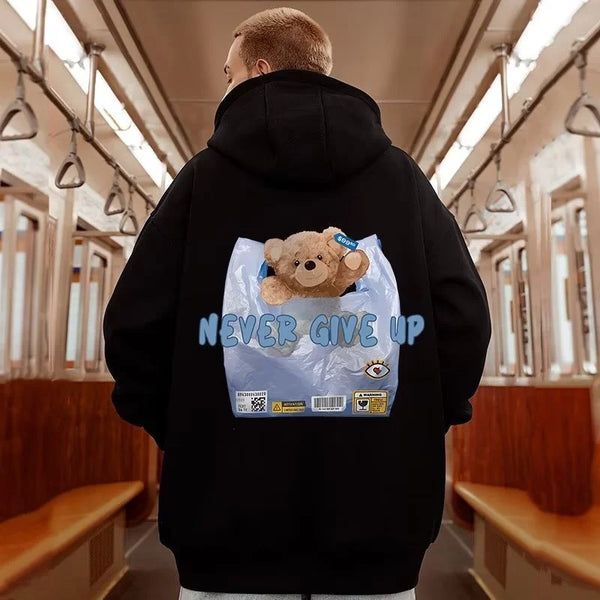 New Never Give Up Bear Printed Hoodies For Men Hip Hop Streetwear Pocket Pullover Sweatshirts Autumn Y2K Vintage Fleece Hoodie