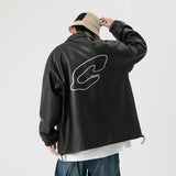 Mens Leather Bomber Jacket Women Hip Hop Letter Motorcycle Loose Casual PU Coat Unisex High Street Racing Varsity Black Outwear