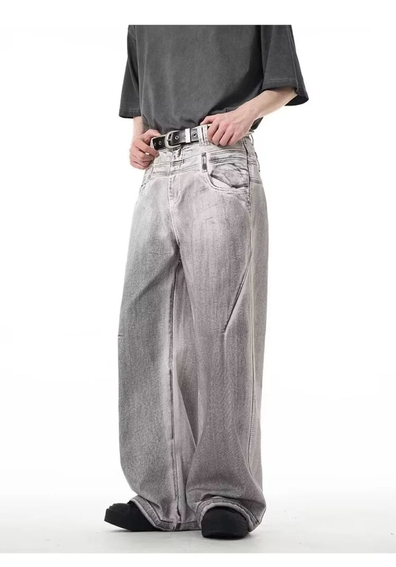 street mens jeans hip hop double waist head gradient smudging trend denim pants y2k 2024 new streetwear american cowboy trousers unique jeans style 468