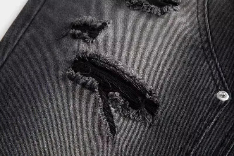 high street distressed black hole washed destroyed jeans casual ripped logging pants straight wide leg denim pants for men unique jeans style 94