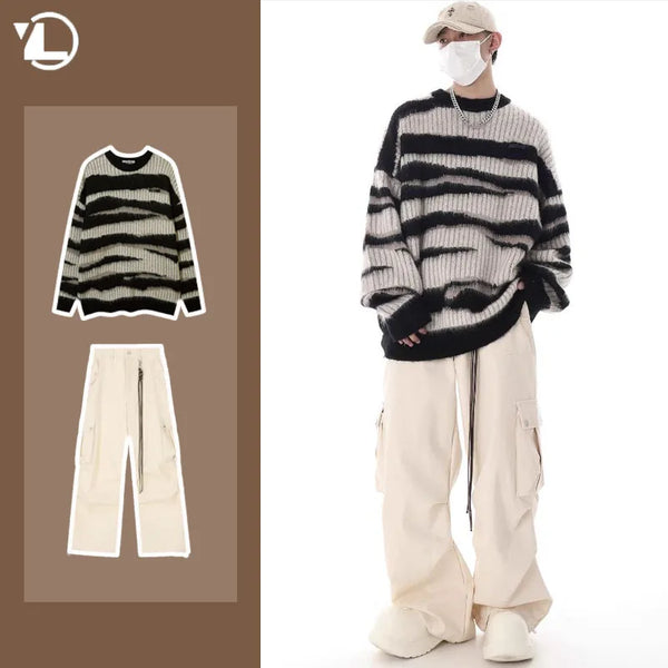korean hip hop set men striped vintage knit sweater drawstring big pocket cargo pants 2 pcs set spring college casual suit 2024 multi-pocket cargos