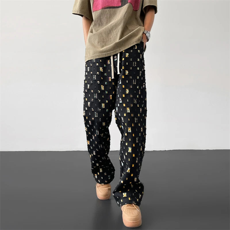 cotton casual pants men fashion retro colored plaid pants men streetwear hip hop loose hollow out pants mens hole trousers m 3xl minimalist street pants