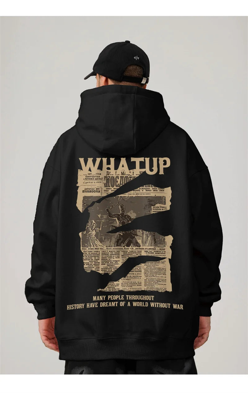 New Gothic Newspaper Graphic Print Hooded Sweatshirt For Men Fleece Hip Hop
