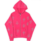 Men Women Cross Rhinestone Coat Leisure Hoodies Oversized Zip Up Hoodi