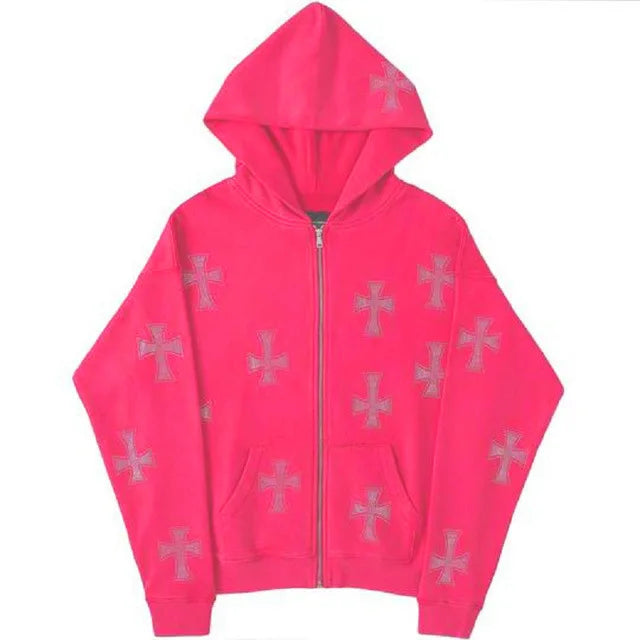 Men Women Cross Rhinestone Coat Leisure Hoodies Oversized Zip Up Hoodi