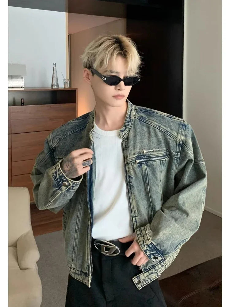 Mens Denim Jackets American Style High Street Zippers Coat Vintage Was