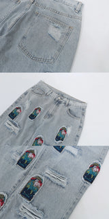fashion ripped holes patchwork harajuku embroidery denim straight jean pants y2k trouser unisex hip hop streetwear jeans pants unique jeans style 4237