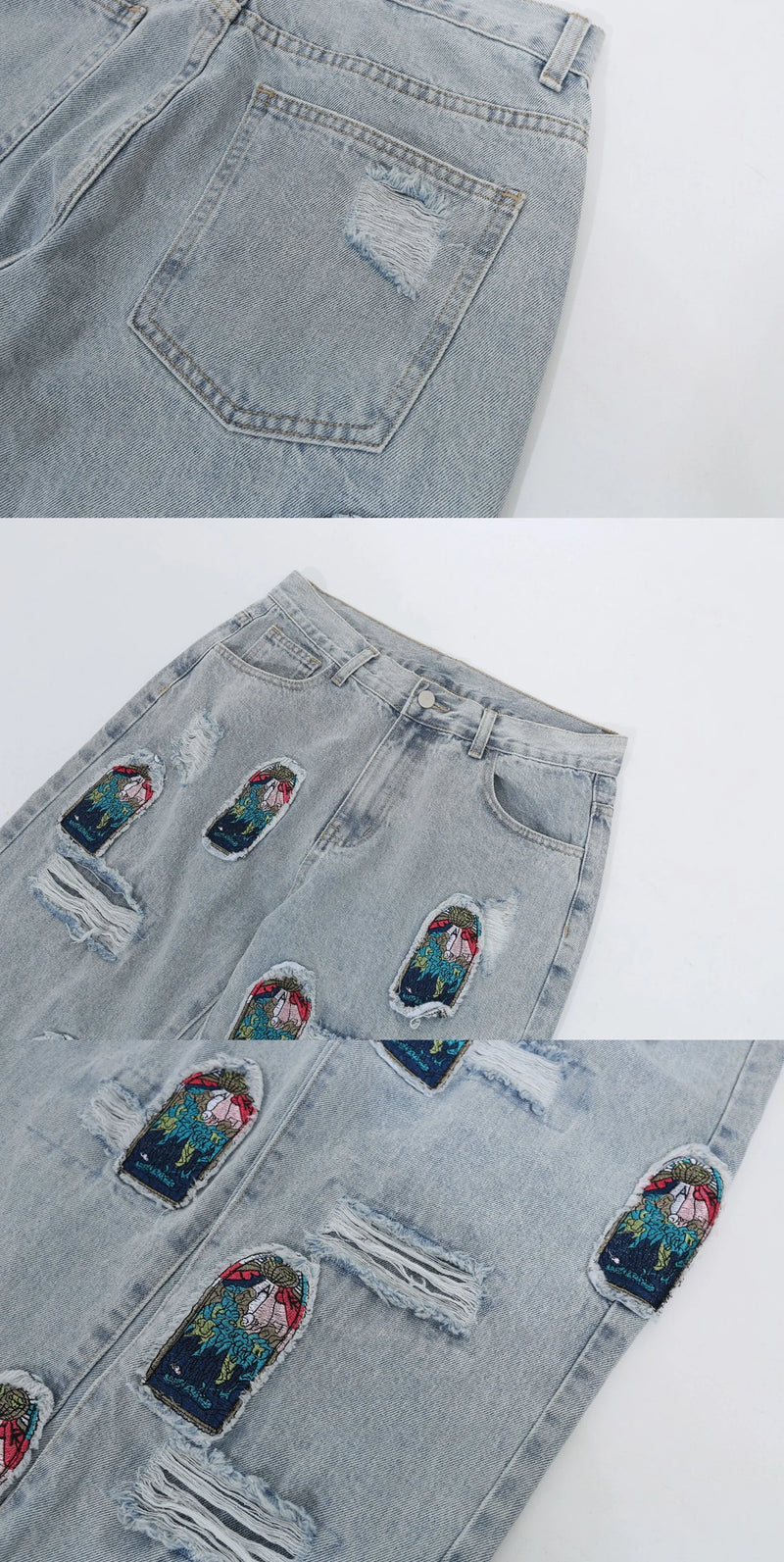 fashion ripped holes patchwork harajuku embroidery denim straight jean pants y2k trouser unisex hip hop streetwear jeans pants unique jeans style 4237