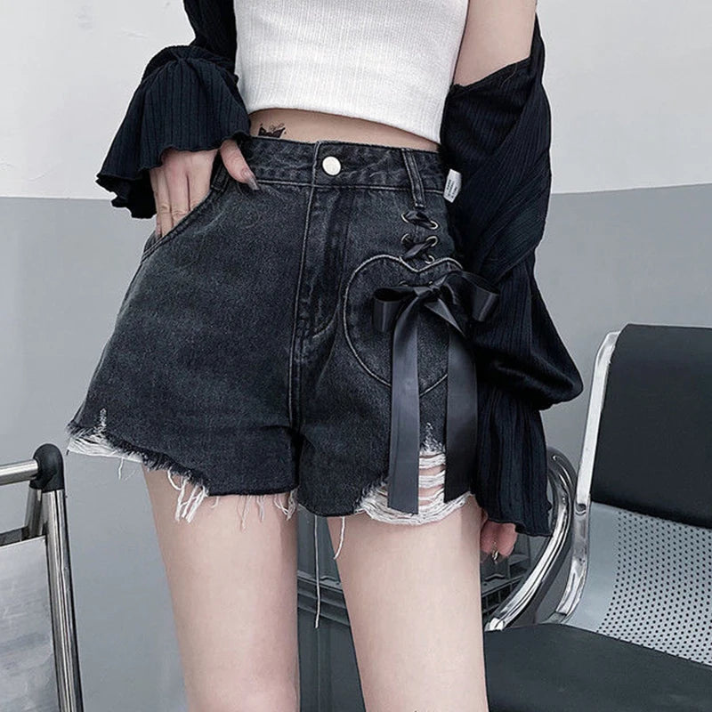 high waist women denim shorts summer fashion bow loose shorts korean casual female streetwear all match ripped pants unique jeans style 1302