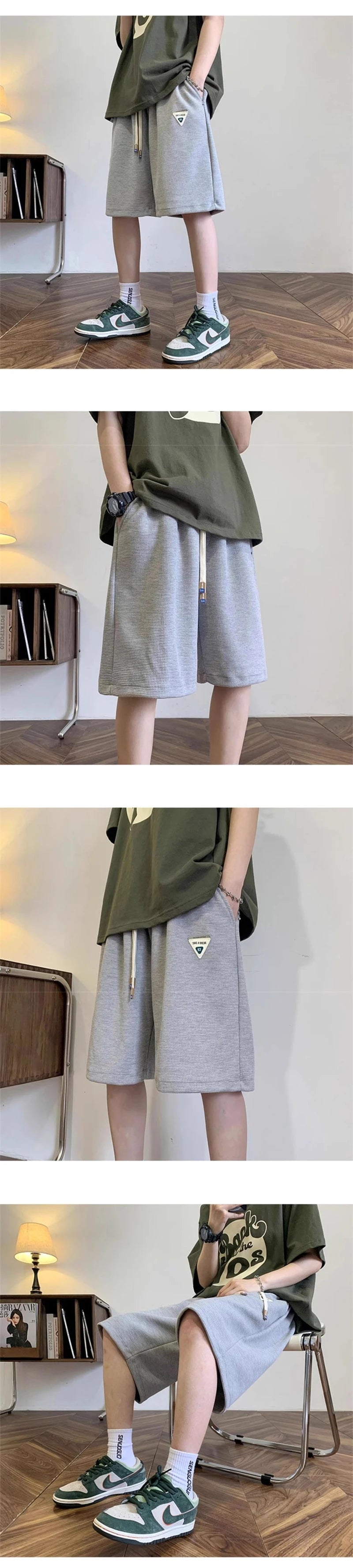 summer mens letter appliques waffle shorts baggy running wide leg casual short pants solid drawstring gym straight y2k shorts unique shorts style 3513