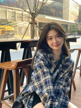 Power Wear Plaid Shirts Women Idle Sle Retro Cardigan Shirt Outerwear Long sleeve Top Spring and Autumn New women shirt blouses