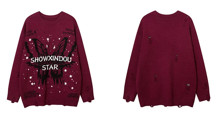 fashion butterfly knitted oversized sweater unisex o neck ripped holes knit pullover streetwear unisex loose sweaters clothing trendy hip hop style outerwear, unique limited edition hoodie, streetwear fashion hoodie