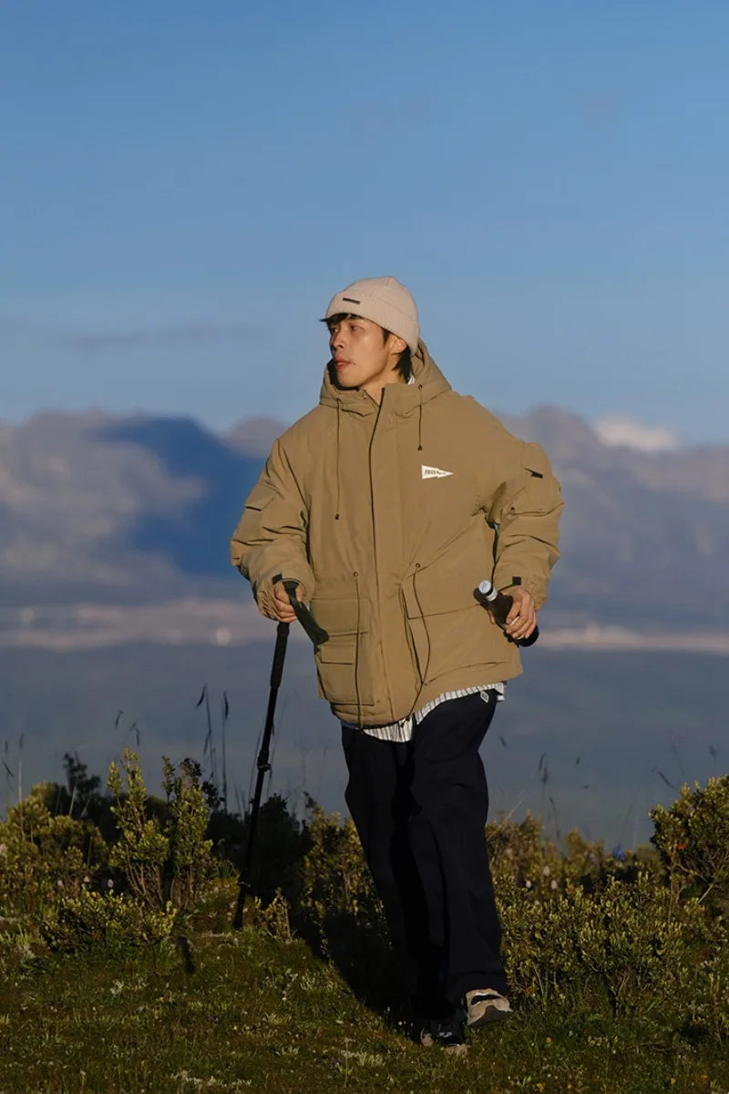 Outdoor Multi Pocket Thicken Man Jacket Winter Retro Warm Camping Cotton-padded Clothes Casual Print Loose Hooded Fashion Coat