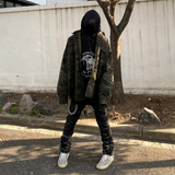 Undermycar High Street Trendy Brand High Quality Extra Large Washed and Worn Dark Checker Patch Camo Shirt