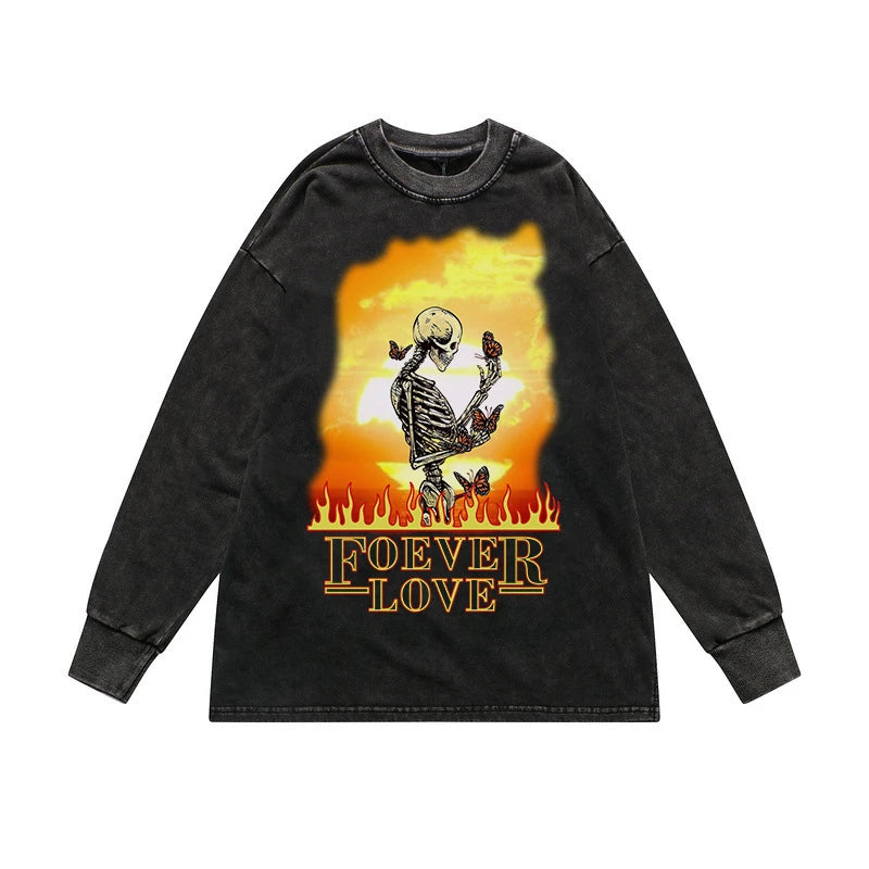 Rainbowtouches Men's Sweatshirts Hip Hop Comfortable Popular Pattern Vintage Street Wear Black Skulls Printing Long Shirts
