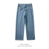 korean fashion mens baggy jeans classic all match solid color straight leg denim wide leg pants male light blue grey black unique jeans style 1125
