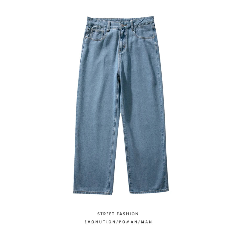 korean fashion mens baggy jeans classic all match solid color straight leg denim wide leg pants male light blue grey black unique jeans style 1125