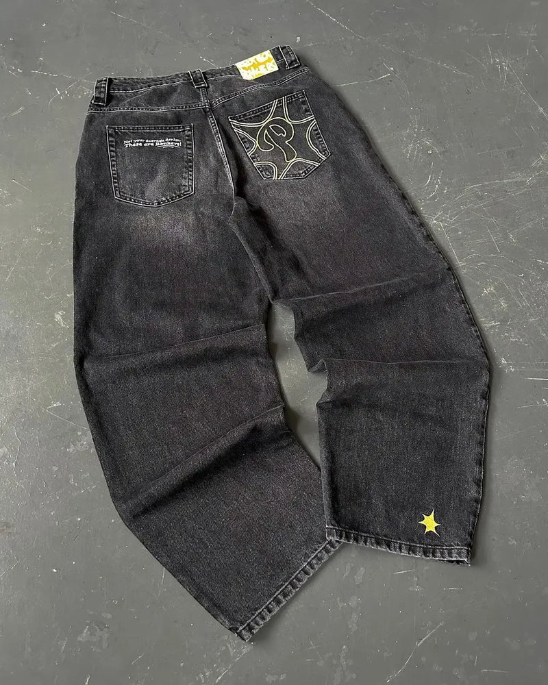 baggy jeans men and women retro harajuku hip hop high waist wide leg trouser y2k new protect jeans letter embroidery washed blue unique jeans style 2541