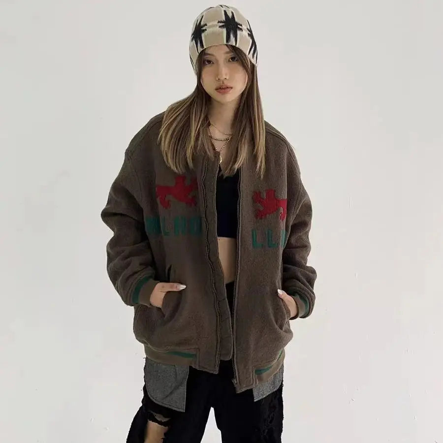 autumn and winter kanye high street yzy heavy industry animal embroidery woolen cloth clip cotton mens womens large jacket na - variant style 18ce9a for streetwear fashion
