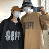 Suede Korean Trendy Round Neck Sweatshirt for Men American Retro Print Trendy Brand Autumn Loose Couple Wear Jacket Tops