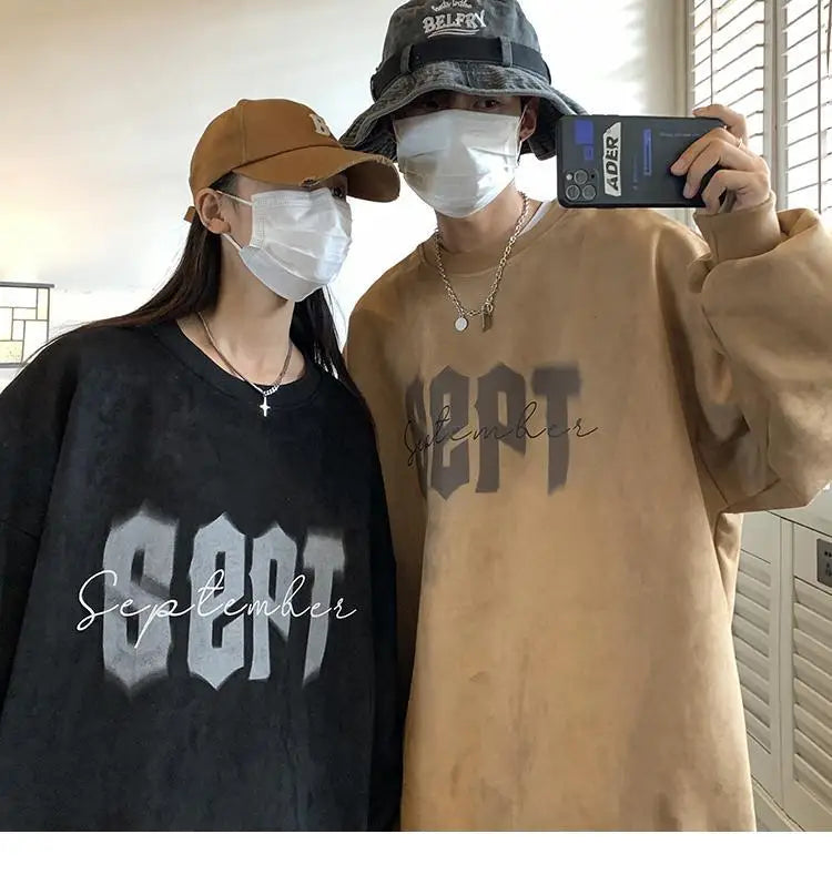 Suede Korean Trendy Round Neck Sweatshirt for Men American Retro Print Trendy Brand Autumn Loose Couple Wear Jacket Tops