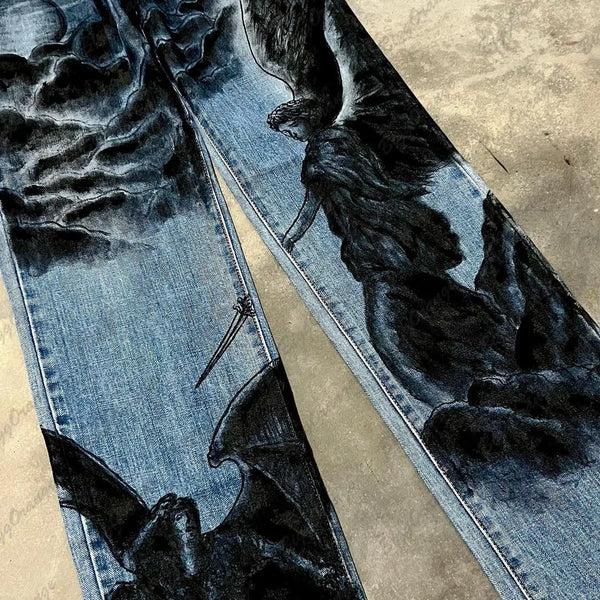 european and american style wide foot angel pattern y2k jeans womens autumn and winter printed fashionable ethnic pants vintage washed jeans