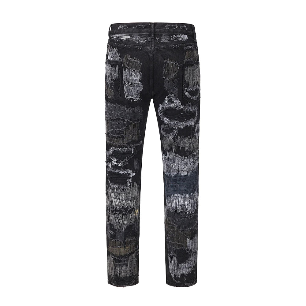 high street hole distressed ripped straight baggy jeans for men washed patchwork casual cargo pants oversized denim trousers unique cargo style 2871