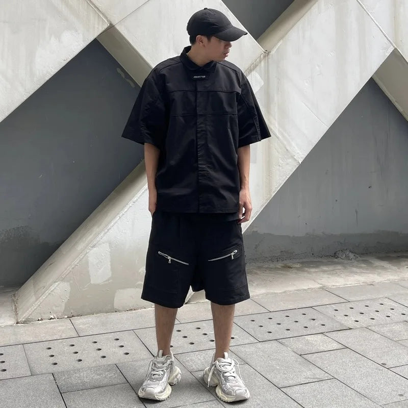 high street zipper pockets vibe style baggy drawstring summer shorts for men straight loose casual knee length pants oversized summer street shorts