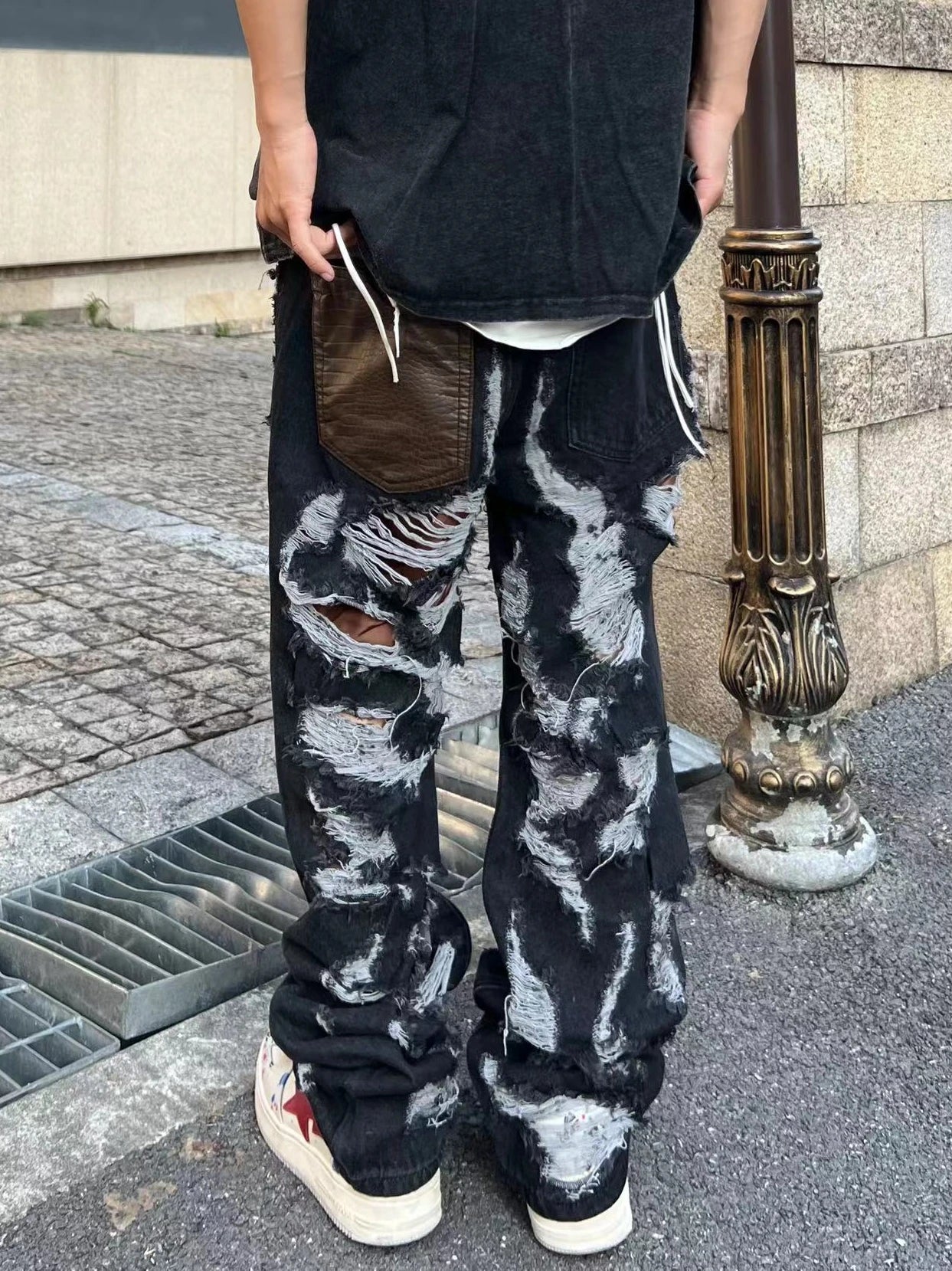 destroy ripped holes front letters embroidery denim jean pants men casual harajuku jean trouser hip hop streetwear pants joggers unique joggers style 3137