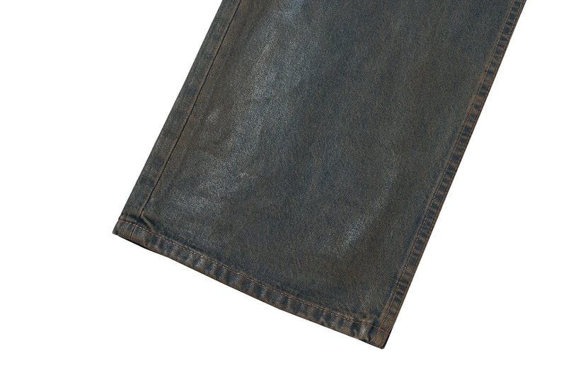 Oil Wax Coating Distressed Silhouette Jeans for Men and Women Washed Streetwear Baggy Denim Trousers Oversized Ropa Hombre Cargo