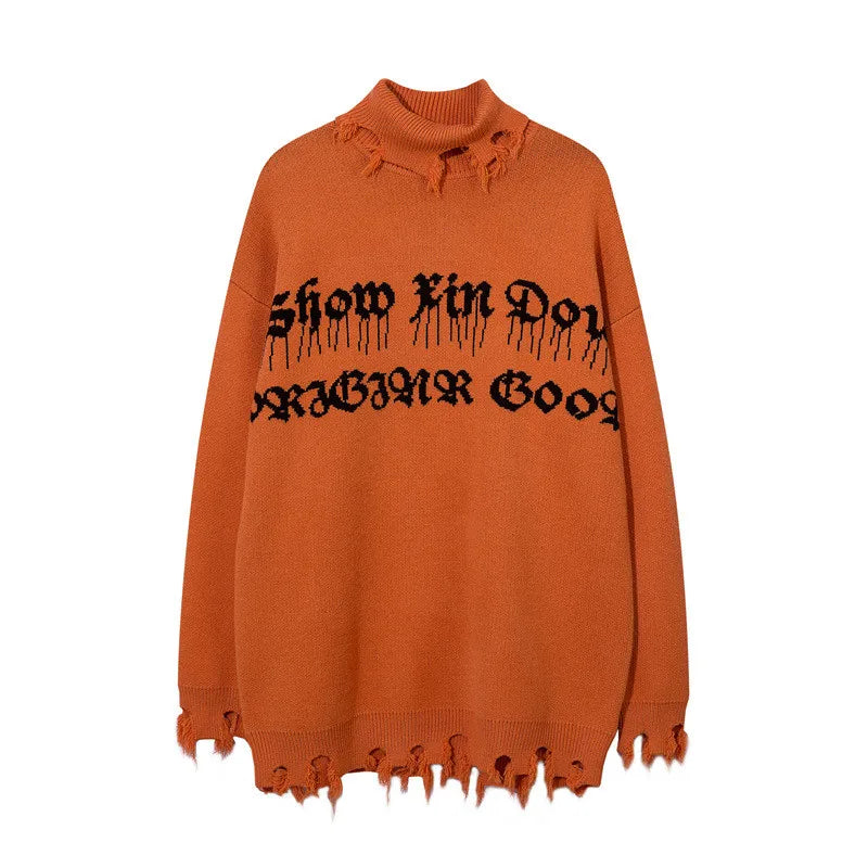 half high collar goth women men sweaters oversized long sleeve knitted pullovers y2k men ripped sweater harajuku streetwear tops - bold artwork streetwear hoodie, soft fleece-lined outerwear, urban fashion pullover