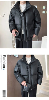 Winter Stand Collar Thicken Leather Short Jacket Men Fashion Loose Casual Warm Cotton-padded PU Leather Bomber Jacket Parka Coat