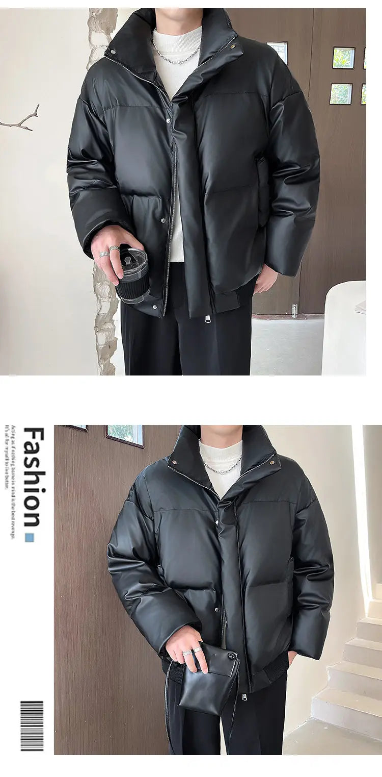 Winter Stand Collar Thicken Leather Short Jacket Men Fashion Loose Casual Warm Cotton-padded PU Leather Bomber Jacket Parka Coat