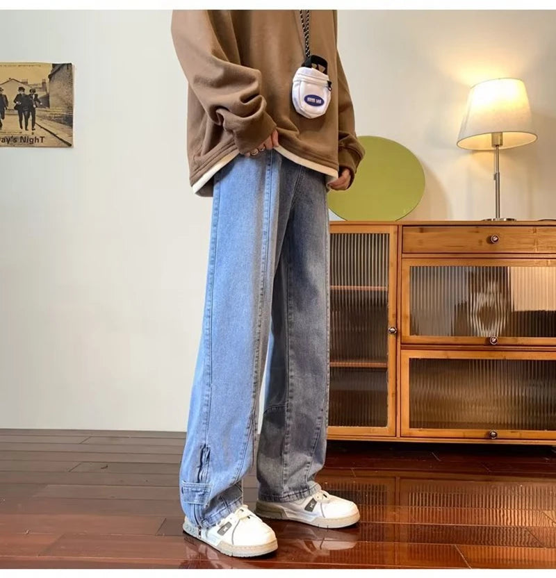2023 korean fashion ankle zipper vintage brown men jeans pants luxury straight hip hop casual denim trousers pantalones hombre unique jeans style 246