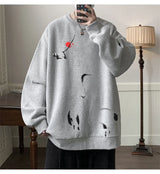 Ink Painting Cartoon Crane Printed Pullover Hoodies For Men 2024 New H