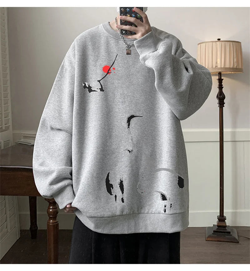 Ink Painting Cartoon Crane Printed Pullover Hoodies For Men 2024 New H