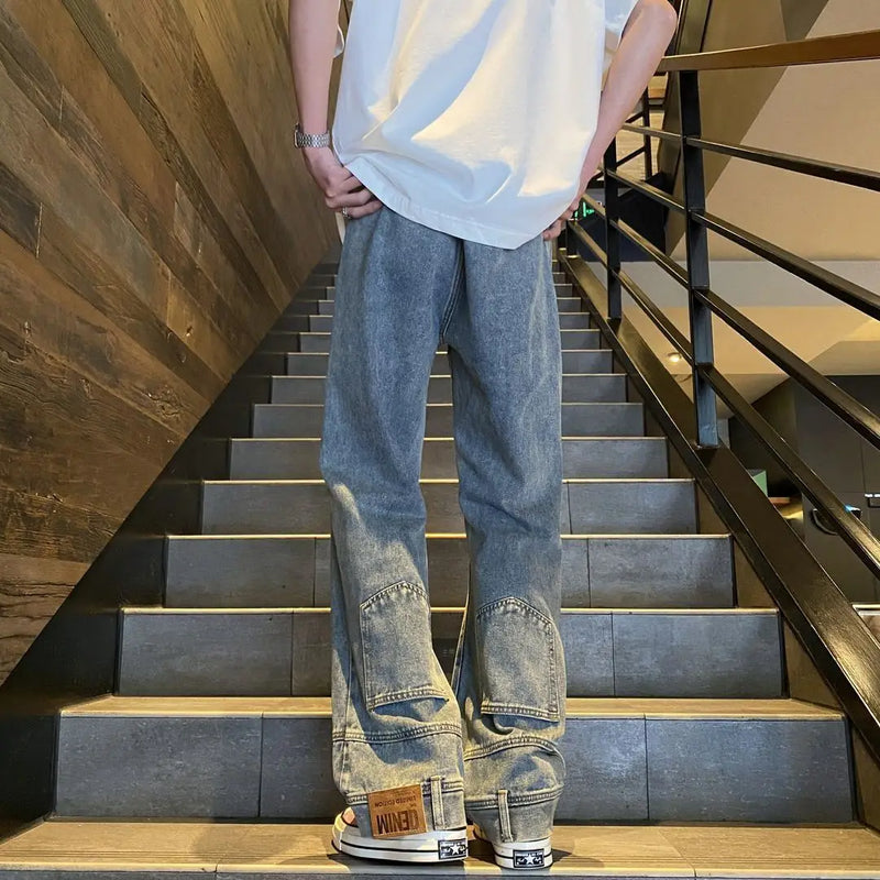 autumn vintage high street straight washed denim jeans for men and women trendy hip hop personality inverted loose casual pants ripped baggy denim