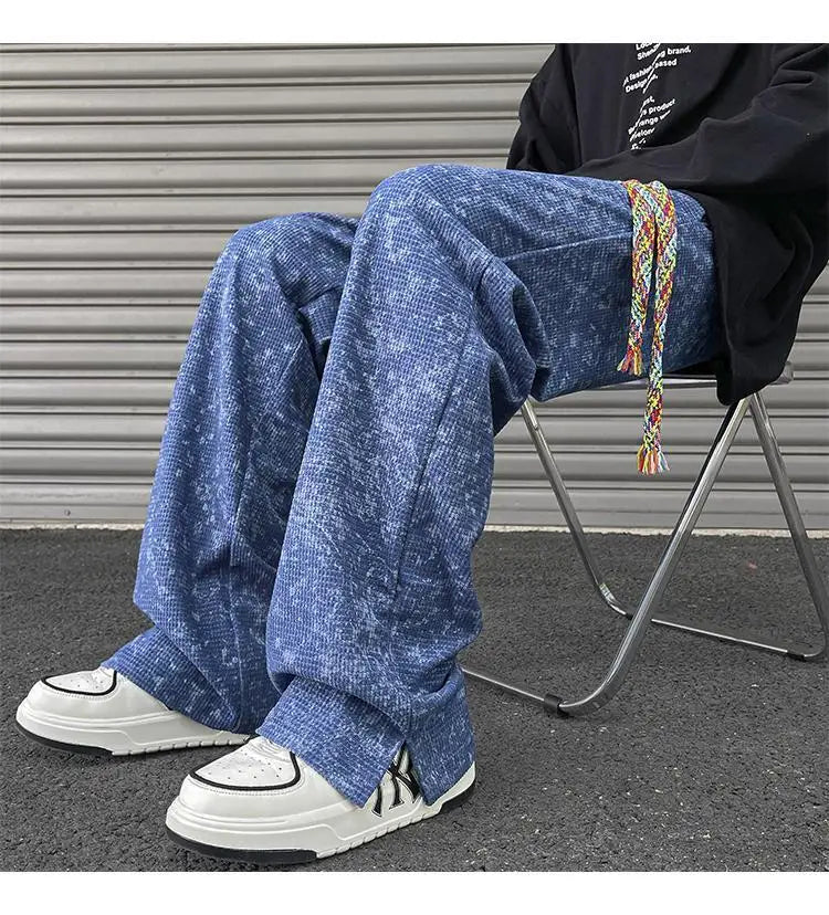 korean style waffle tie dye casual pants high street vibe pants men trendy brand colorful drawstring side slit straight trousers unique default style 2105