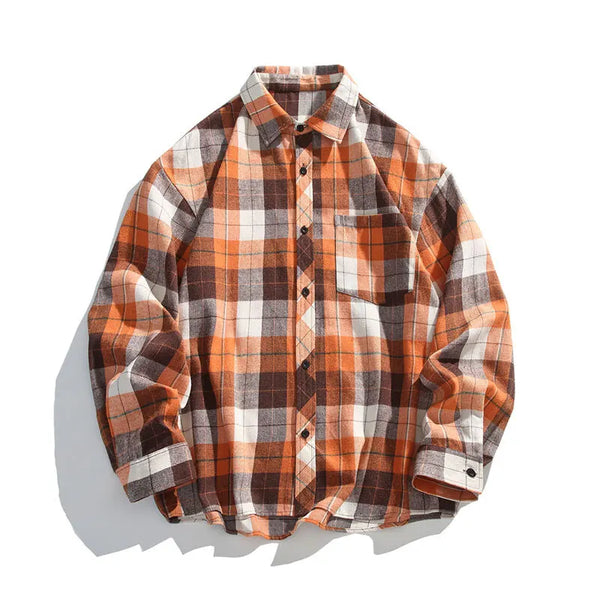 Retro Plaid Shirt Men Streetwear Korean Loose Casual Shirts Mens Vintage Shirt