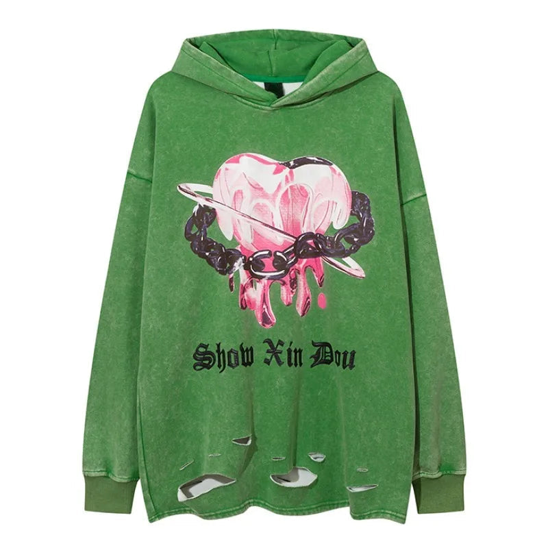 trapwear chrome print featuring fashion harajuku printed hoodies hip hop retro washed bottom ripped sweatshirt streetwear mens hooded warm fleece loose hoodies