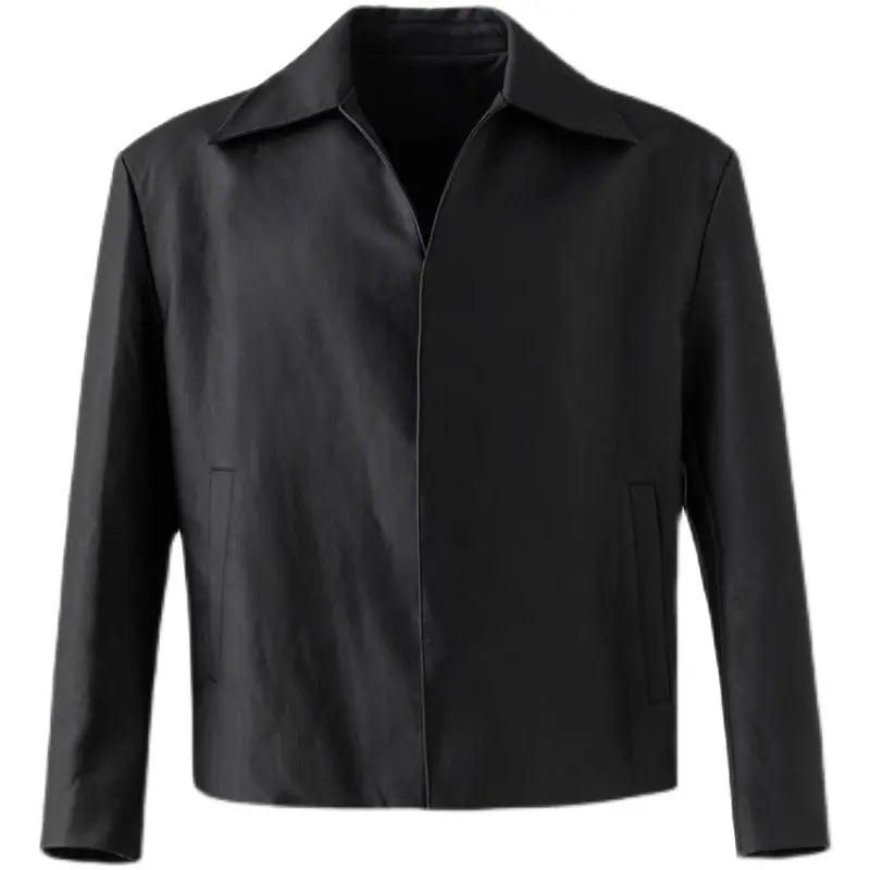 Black Cleanfit Shoulder Padded Leather Casual Jacket Men High End Hand