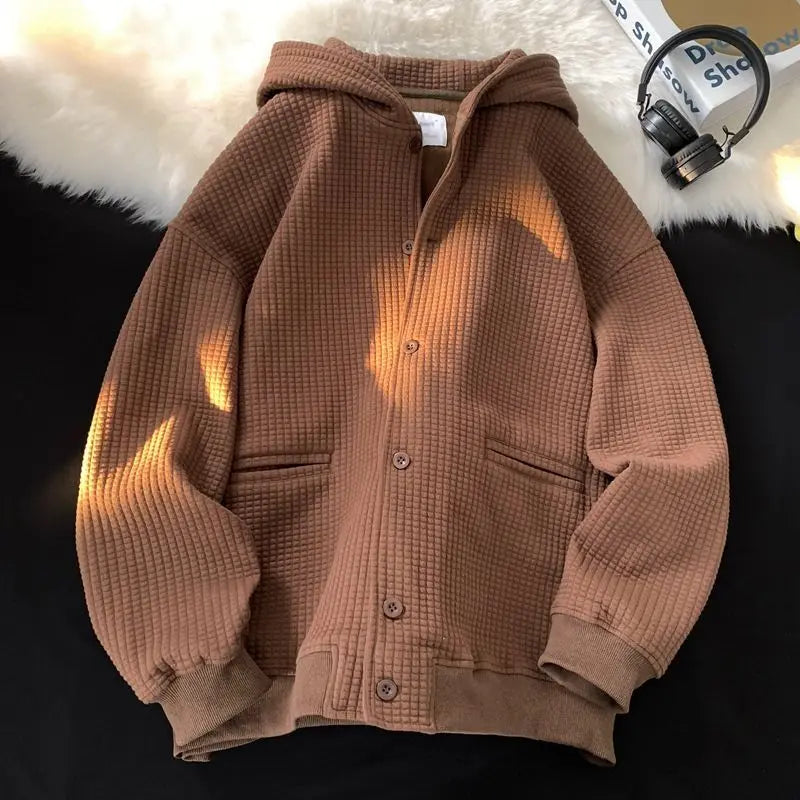 Korean Retro Y2K Waffle Hooded Jacket for Men and Women Ins Harajuku Style Casual Loose Couple Wear Cardigan Sweatshirt