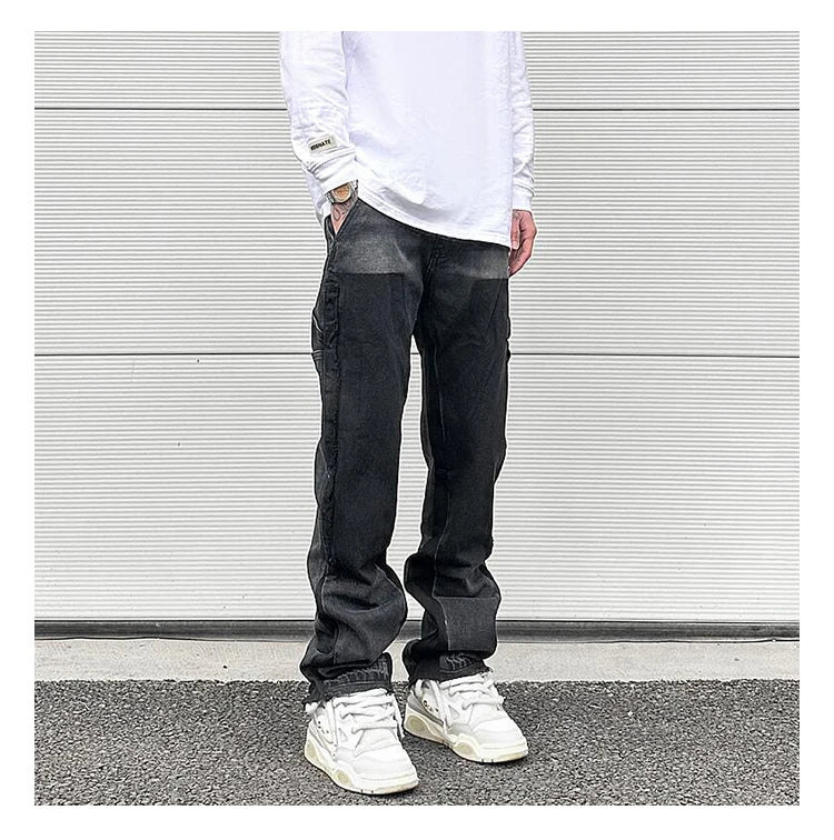 patchwork design denim flare jeans pants men casual zipper straight biker trousers jeans fashion streetwear hip hop jean joggers unique joggers style 2600