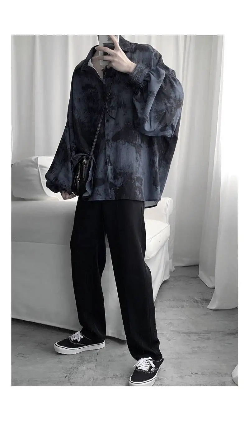 Tie dye loose shirt men long sleeved early autumn Korean version student ins men shirt dark abstinence inch shirt men shirts y2k