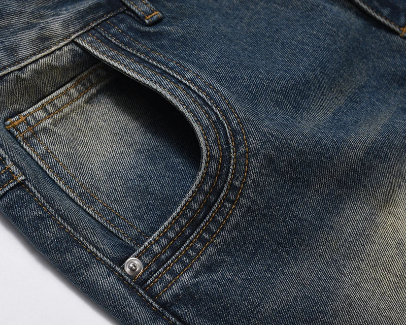 mens retro washed denim jeans loose straight pants 2023 new fashion streetwear trousers hip hop casual zipper jean pants joggers unique joggers style 2495